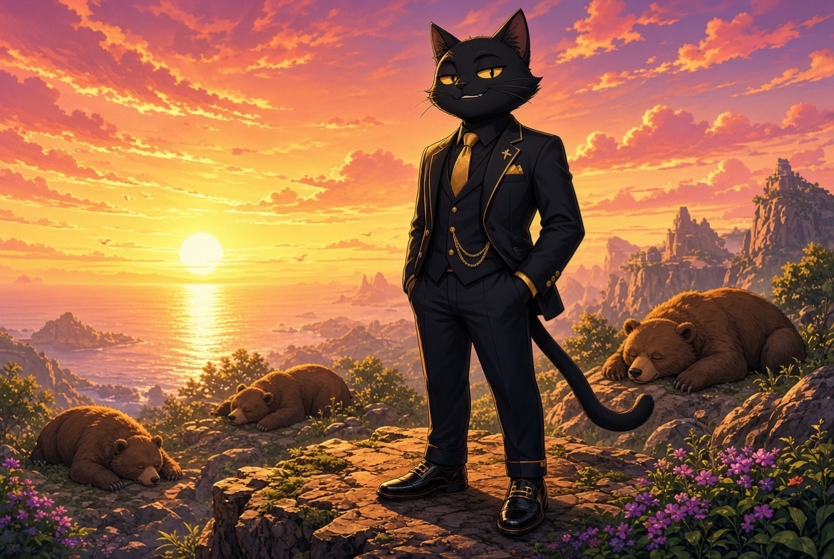 CTAW standing on a cliff at sunset while bears sleep on the rocks around him.
