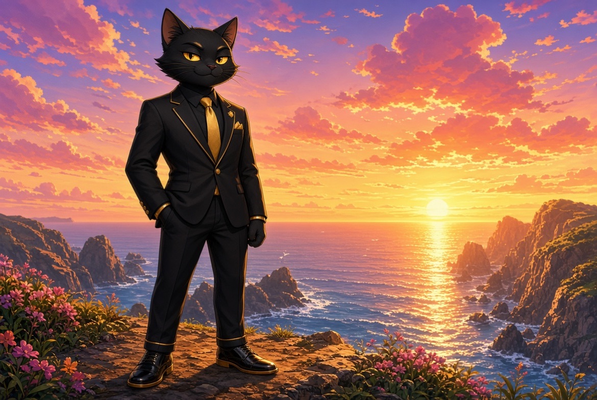 CTAW, a black cat in a tailored black suit and gold tie, standing on a cliff above the sea at sunset.