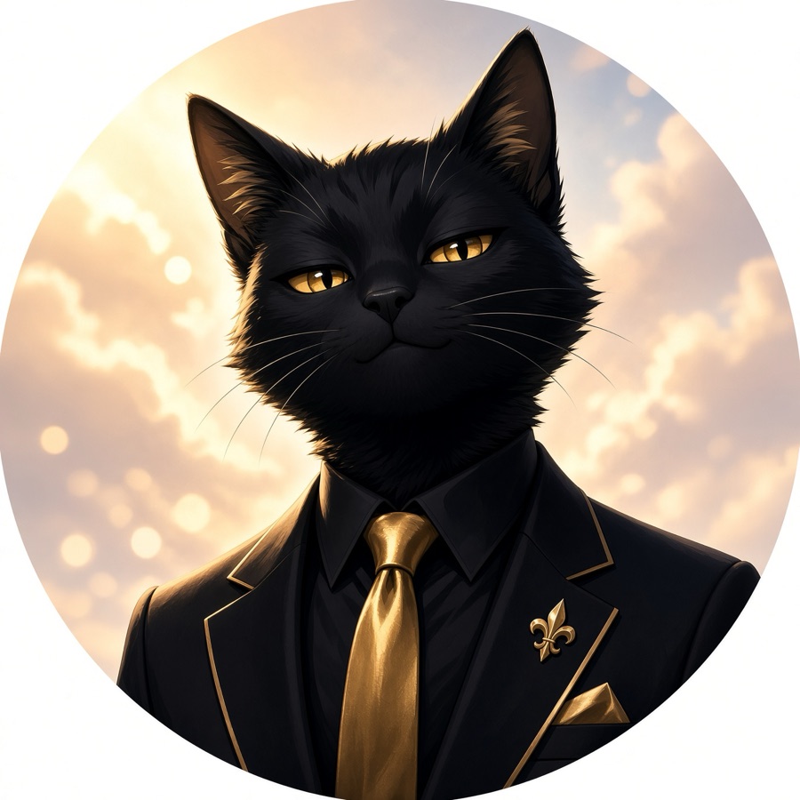 Portrait of CTAW: a black cat with narrowed gold eyes and a faint smirk, in a black suit with a gold tie.