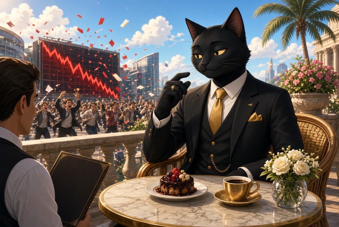 CTAW having cake and coffee on a terrace while a crowd panics at a falling chart behind him.