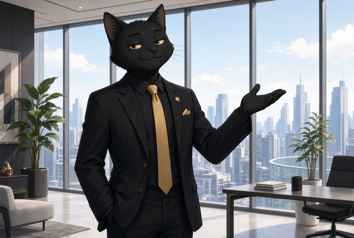 CTAW in a high-rise office gesturing at the city skyline.